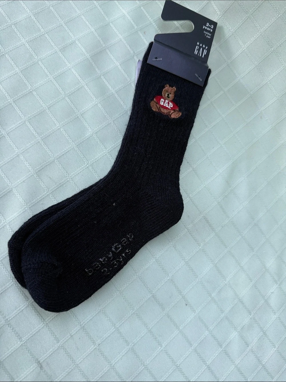 New baby GAP Black Crew Wool Blend Socks with Embroidered Teddy Bear